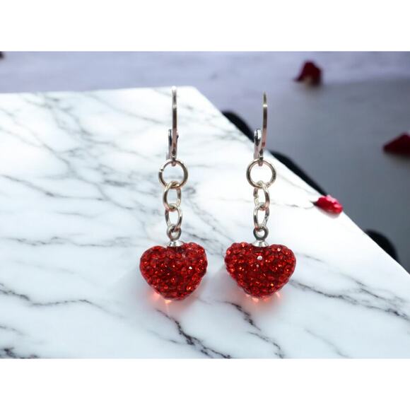 Handmade Jewelry - Handcrafted Huggie Hoop Earrings Featuring Red Rhinestone Hearts